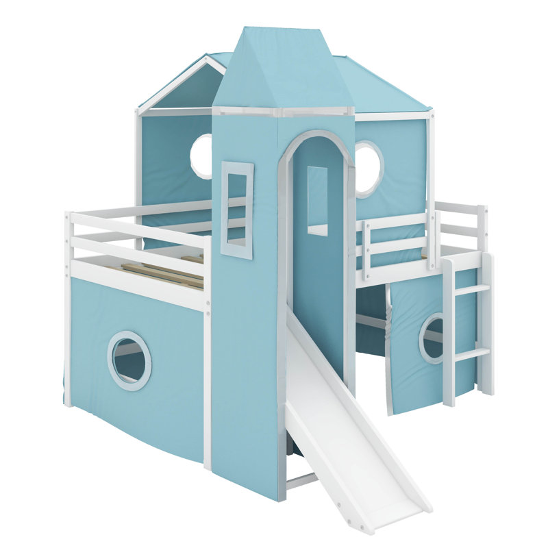 Lit mezzanine double avec tente, Bleu