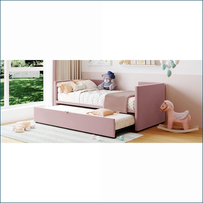 Twin Size Upholstered Daybed with Pop Up Trundle - Pink, No Box Spring Needed for Guest/Multi-Functional Rooms