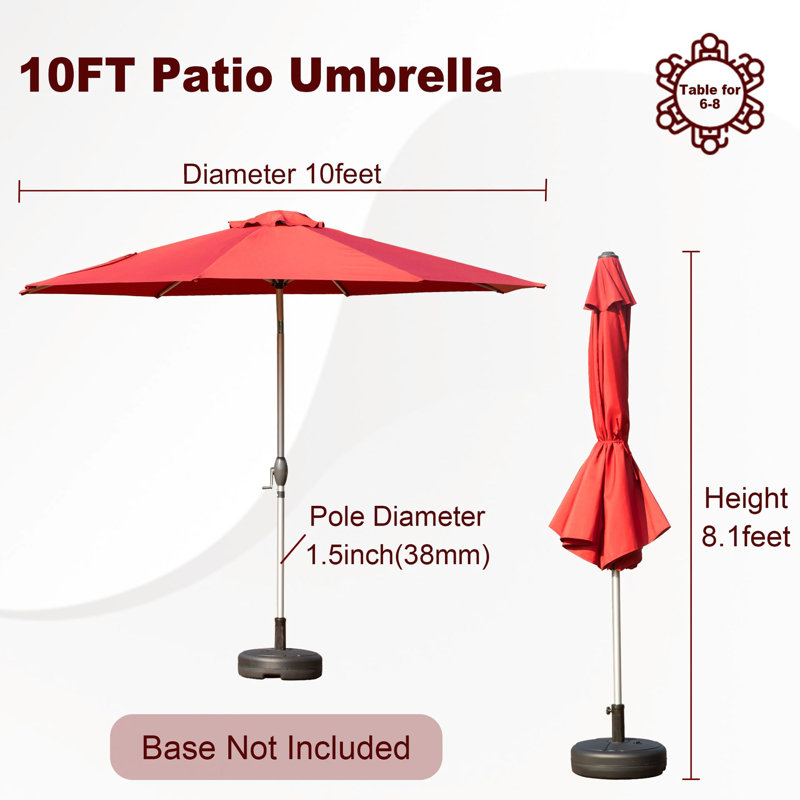 Parasol de patio 10 pi, rouge brique, protégé et imperméable, 8 nervures robustes avec inclinaison pour une manivelle facile pour le jardin, la terrasse, la cour, la piscine