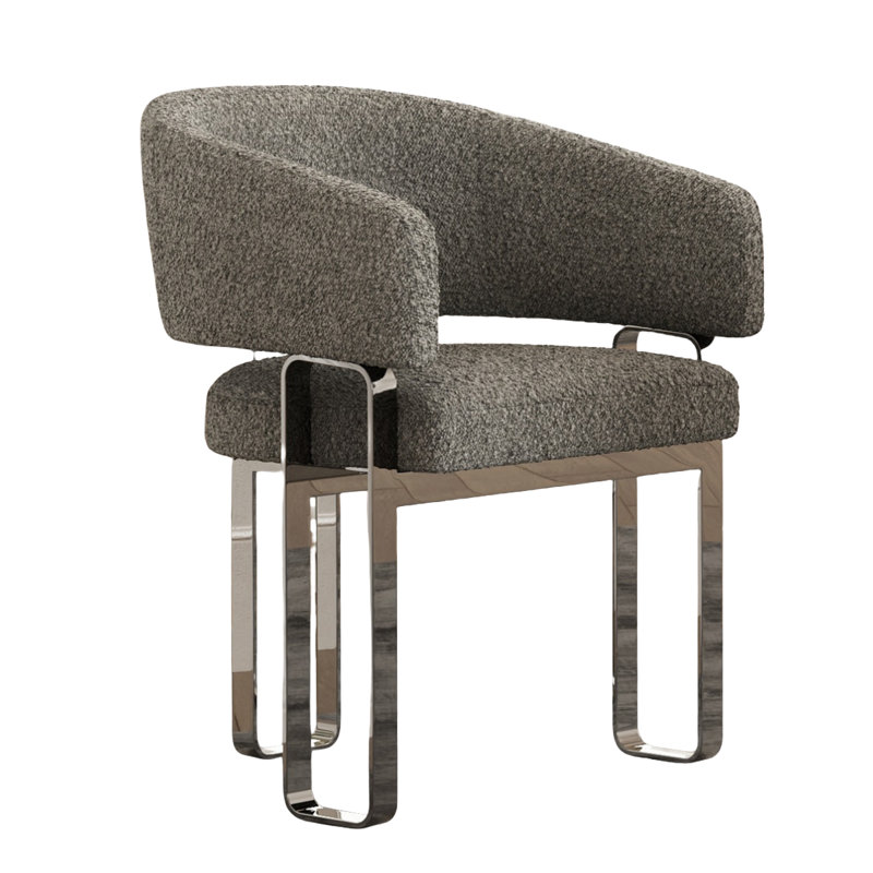 Boucle Barrel Dining Side Chairs With Arms, Gray, Silver