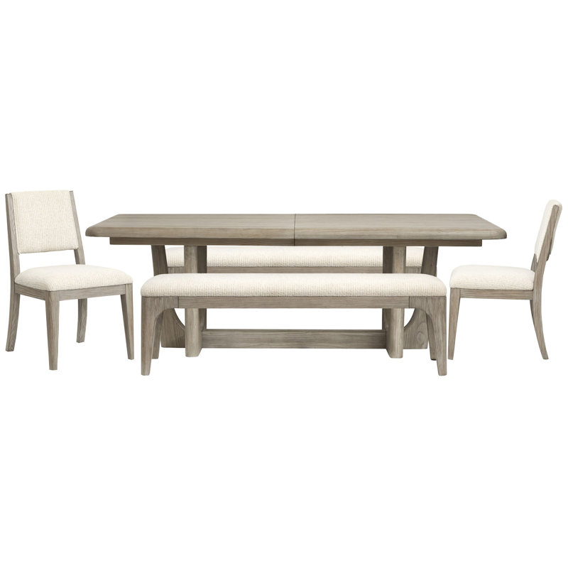 Table de salle à manger extensible rectangulaire avec 2 bancs et 2 chaises d'appoint, 5 pièces: table, 2 bancs, 2 chaises