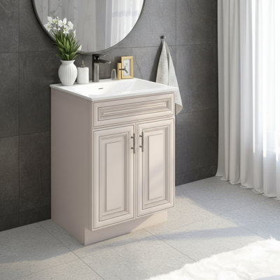 La base de meuble-lavabo blanc antique est compatible avec un assemblage automatique et respire l'élégance.