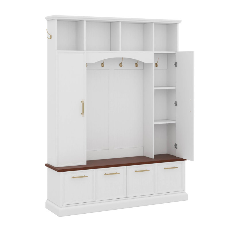 Farmhouse Hall Tree With Golden Hooks & Walnut Bench, Entryway Organizer With Adjustable Shelves, Shoe Storage, White