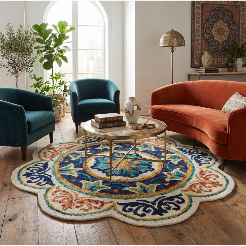 Arla Classic Mandala Floral Hand Tufted Wool Area Rug, Round 4'
