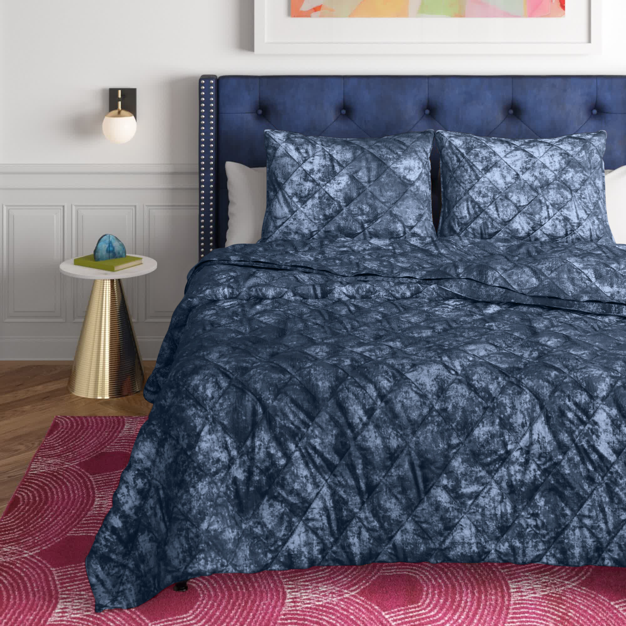 Navy Mona Crushed Velvet & Flannel Quilt Sets ,Stripe Quilting