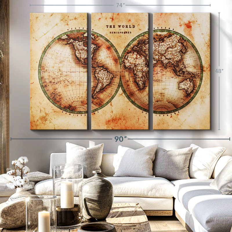 «Rustic Hemispheres Map» sur toile, H 48 po x l 74 po x P 1,25 po