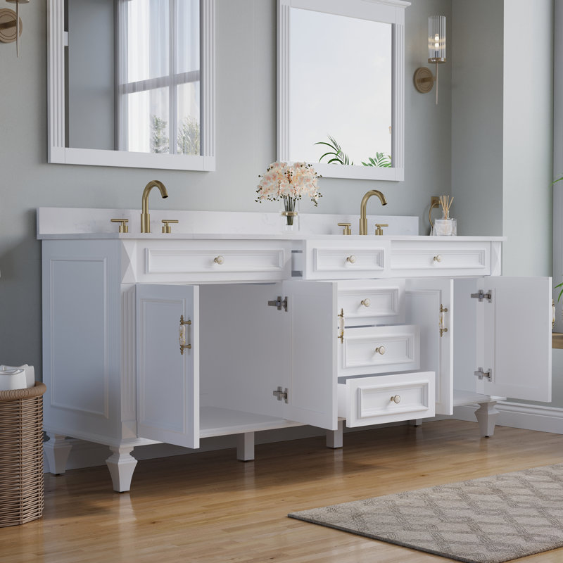 Meuble-lavabo autoportant en bois massif Gamella l 80 po x H 35 po avec comptoir en quartz blanc Carrera résistant aux taches et lavabo double, blanc