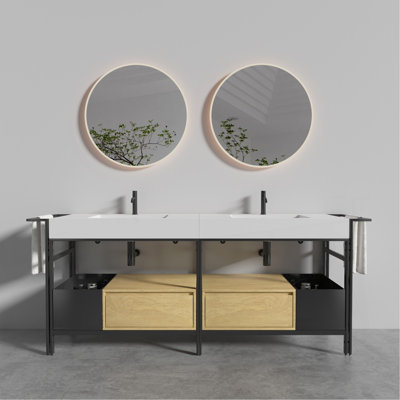Meuble-lavabo modulaire de style industriel de 72 po (36 po * 2) avec une structure en métal robuste et un bassin en pierre artificielle blanche sans soudure et facile à nettoyer, sans drain ni robinet
