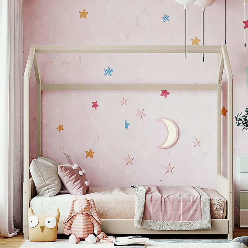 Lit simple en bois et velours, beige, Beige, Lit simple