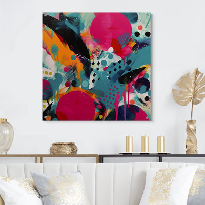 Kwenton - Art mural abstrait en acrylique abstrait rose et turquoise