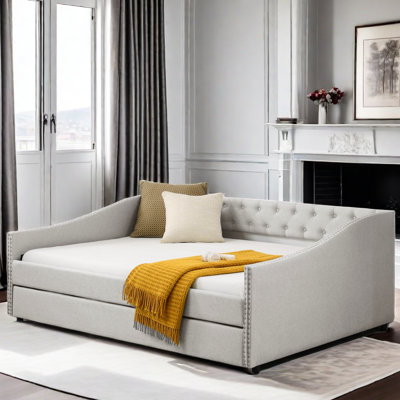 Shary Upholstered Tufted Daybed with Trundle and Copper Nail on Waved Shape Arms