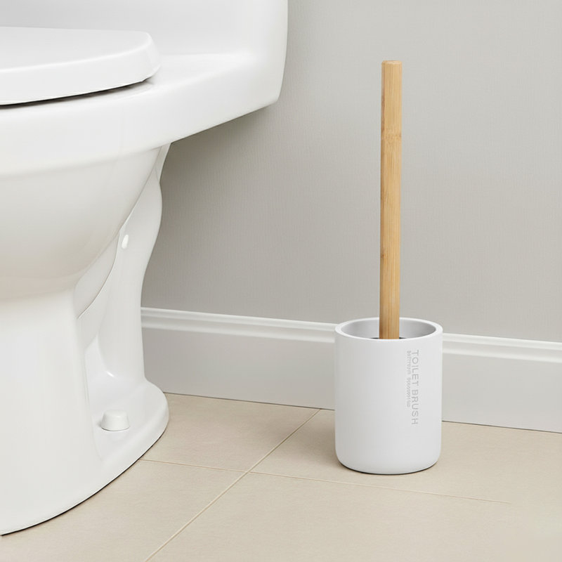 Ensemble de porte-brosse de toilette Willis Chic Matte avec poignée en bambou naturel, Blanc