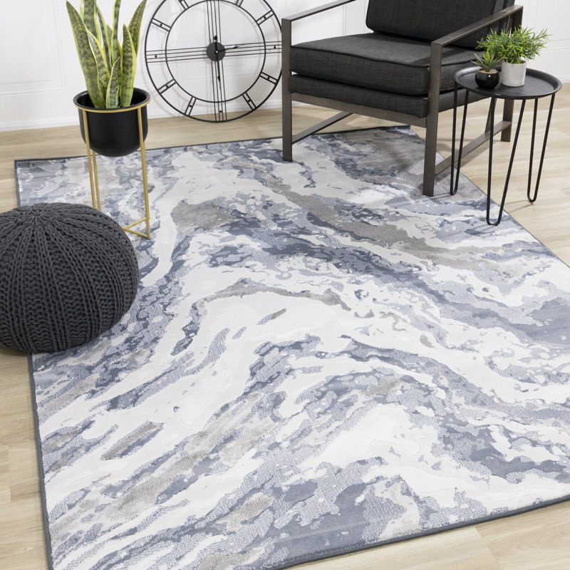 Tapis abstrait bleu / gris Lilith, Rectangle 5 pi 3 po x 7 pi 7 po