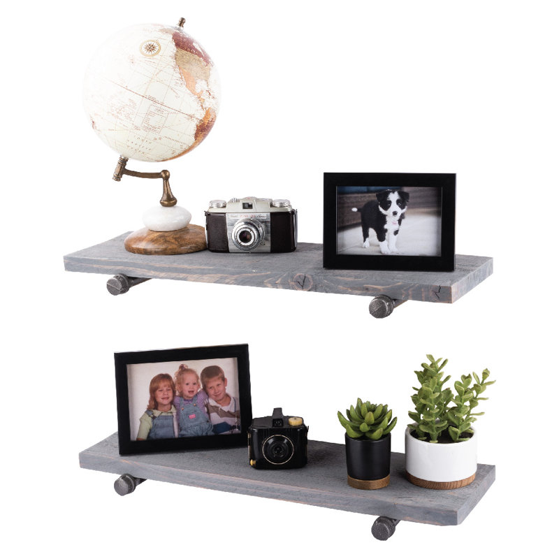 Hazle Solid Wood 24 inch Floating Shelf with Straight Brackets, Riverstone Gray