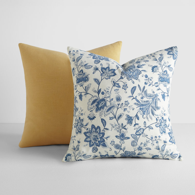 2-Pack Cotton Slub Decor Throw Pillows in Jacobean, Yellow/Blue Floral