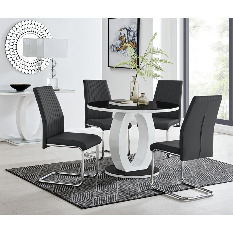 Scottsmoor Modern Halo Seat Round Dining Table Set - 4 Modern Sleek Dining Chairs, Black, Grey, 75Cm H x 100Cm W x 100 Cm D