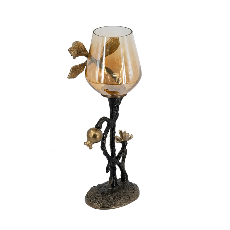 Porte-bougie D5x14 "avec motif floral noir et doré antique