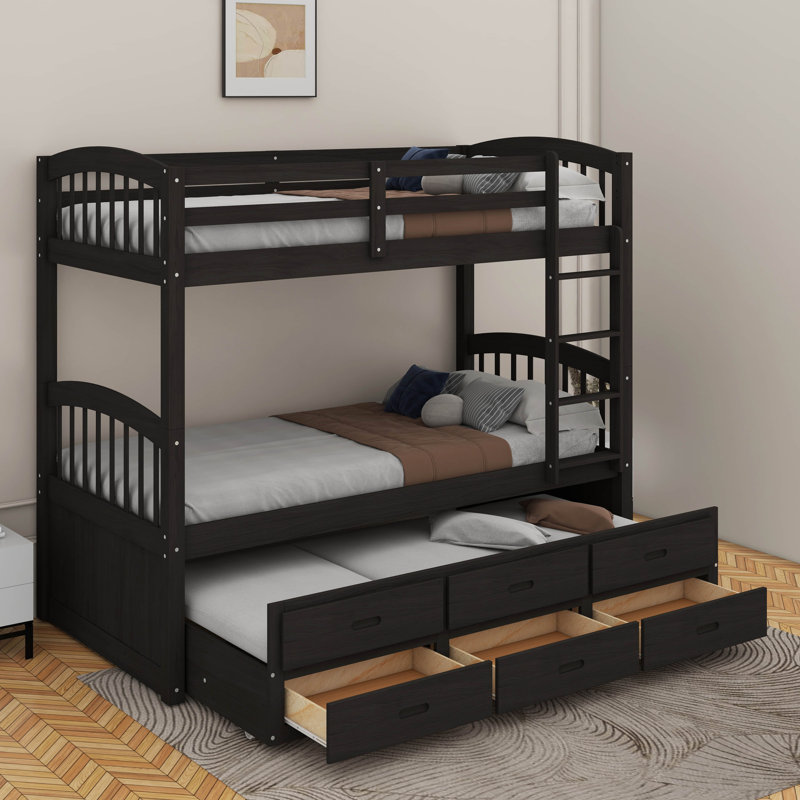 Twin Over Twin Wood Bunk Bed With Trundle And Drawers, Espresso