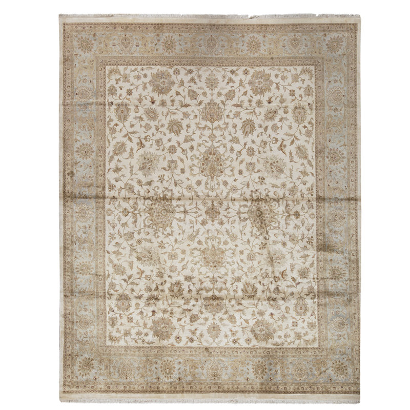 Hand Knotted Silk Oriental Area Rug in Ivory And Blue