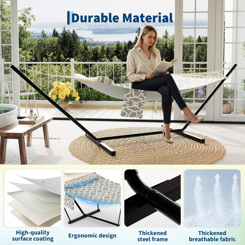 3.6m 2 Person Double Outdoor Hammock with Curved Wooden Spreader Bar, Light Grey Hammock with Detachable Pillow Chains & T-Shaped Bracket, 204kg Weight Capacity
