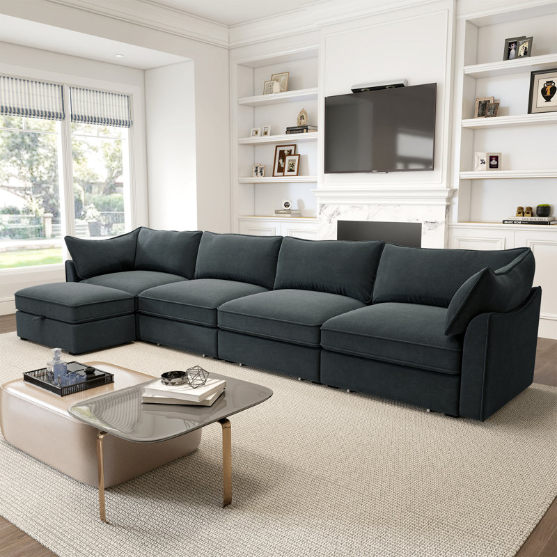 Canapé modulaire en forme de L, canapé avec 1 repose-pieds mobile, chenille, H 31,4 po x l 146,4 po x P 56,6 po, 4, Gris