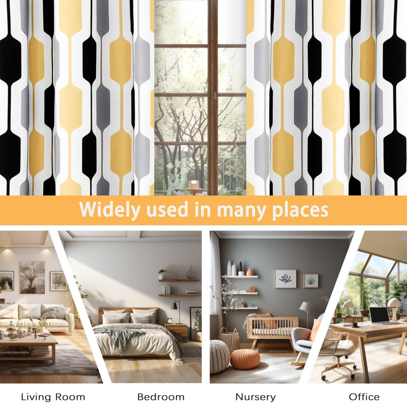 Ginder Room Darkening Blackout Thermal Insulated Grommet Lined Window Curtains Mid Century Geometric Pattern 2 Layers 2 Panels