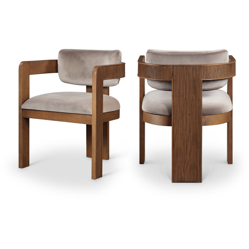 Sacha Frink Upholstered Dining Arm Chair, Taupe Velvet, Brown Walnut