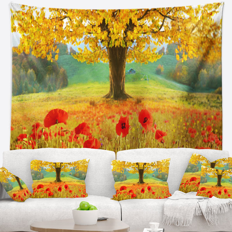 Tapisserie florale à motif d'automne jaune, H 78 po x l 92 po