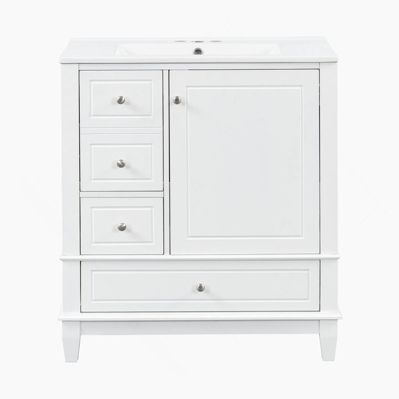 Meuble-lavabo 30 po avec lavabo, une porte avec tablette et trois tiroirs, porte à fermeture douce, blanc, Blanc
