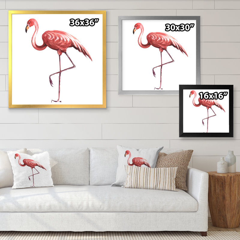 Flamant rose sur une patte - reproduction sur toile, H 30 po x l 30 po x P 1 po, Cadre photo blanc