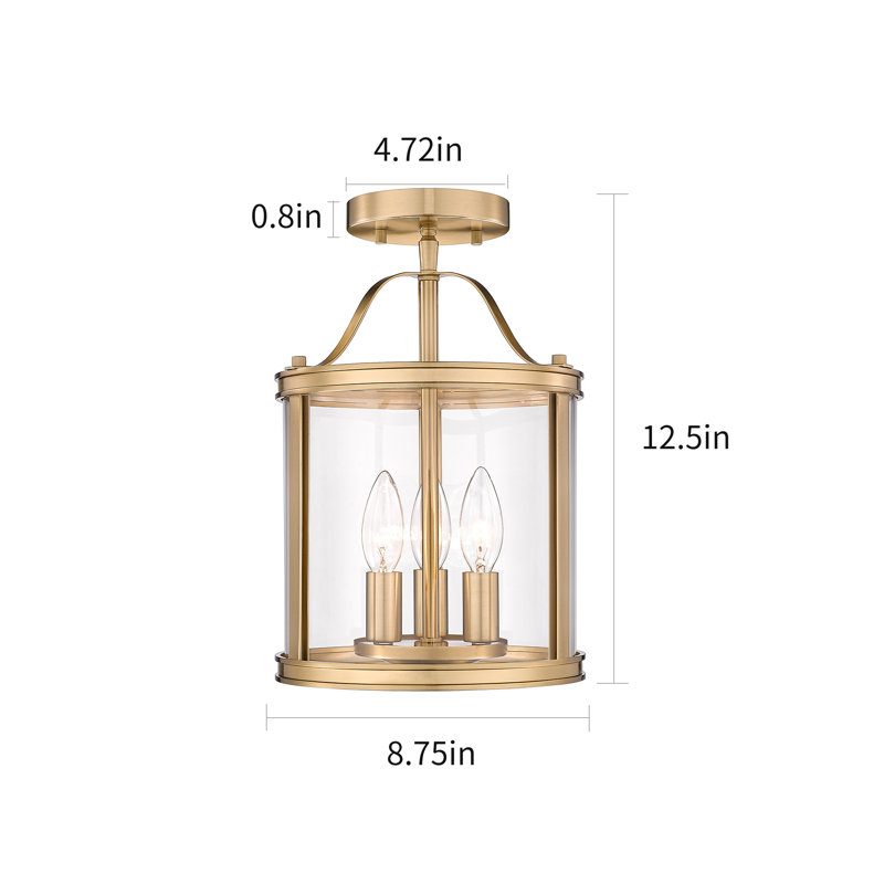Plafonnier encastré lanterne 8,75 po à 3 lumières avec abat-jour en verre transparent, à intensité variable, Doré