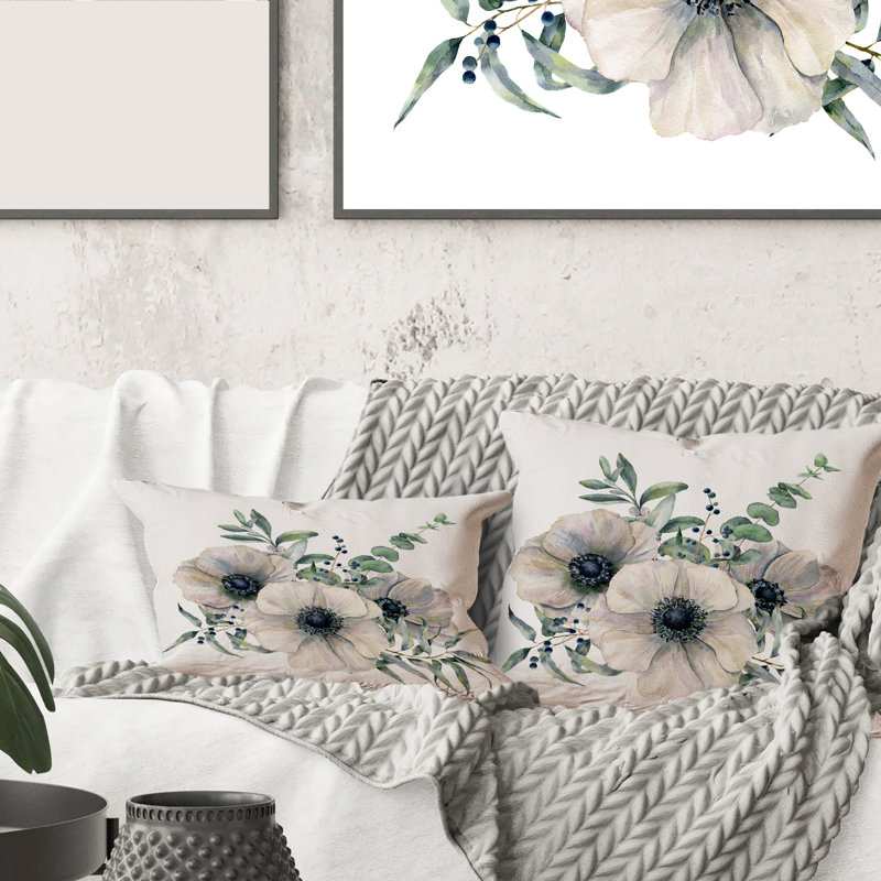Couvre-oreiller carré avec anémone et feuilles d'eucalyptus, 16" x 16"