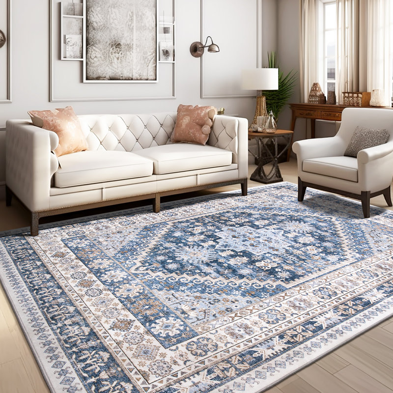 Medallion Non Slip Washable Area Rug(Blue), Rectangle 12' x 15'