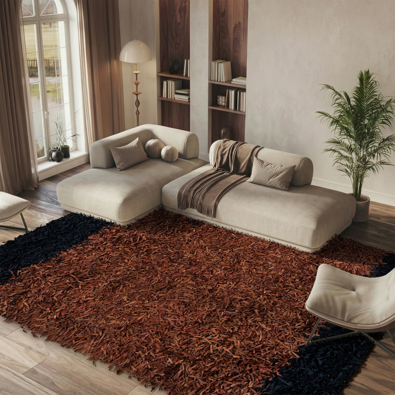 Leather Shag 602 Hand Woven 90% Leather; 10% Cotton Geometric Rug, Rectangle 4' x 6'