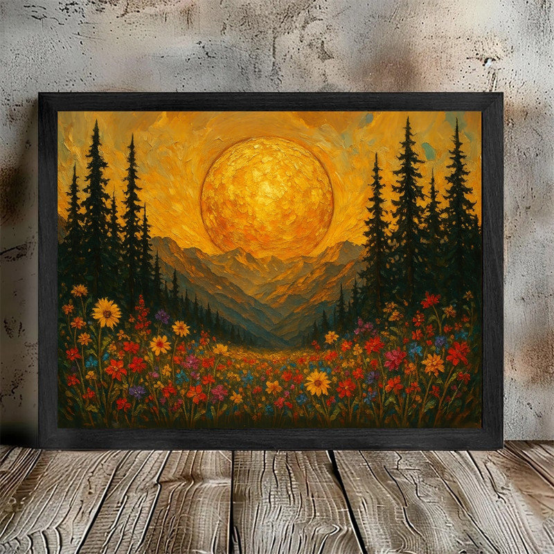 «Moonlit Pine Forest», encadré noir, pleine lune, peinture de champ de fleurs sauvages, art mural paysage nature Moody Mystical