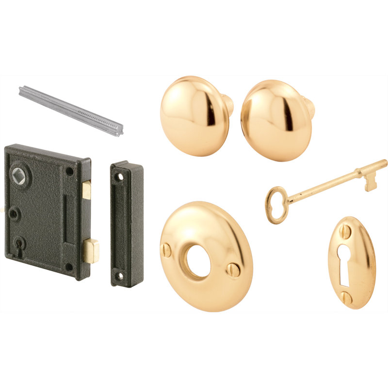Prime-Line Vertical Trim Vintage Lock Set  Cast Steel Construction, Brass Plated Knobs, Antique Skeleton Key Locking System  2-1/2 in. Backset, Surface Mounted on Right-Hand Swing-In Interior Doors (1 Set)