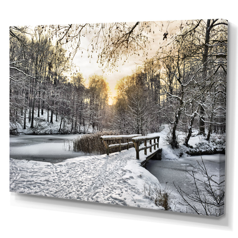 Wooden Bridge In Snow Winter River - Landscapes Canvas Wall Art, 12" H x 20" W x 1" D, Wrapped Canvas