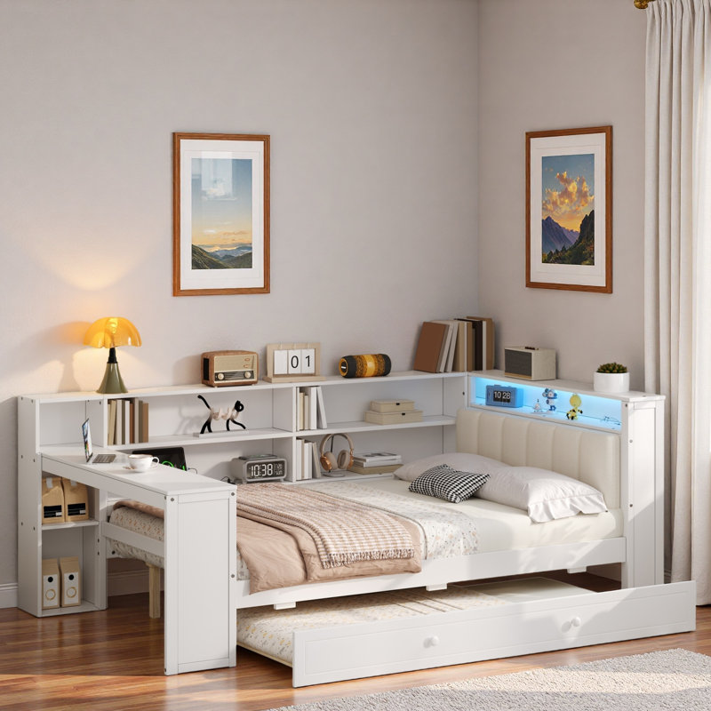 Wood Platform Bed With Storage Shelves, Trundle, Charging Station, Led, Desk And Upholstered Headboard, White