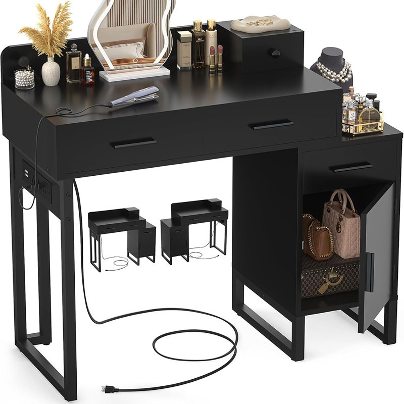 Meuble-lavabo avec 4 tiroirs de rangement - Meuble-lavabo moderne avec station de charge, noir Meuble-lavabo avec commode réversible