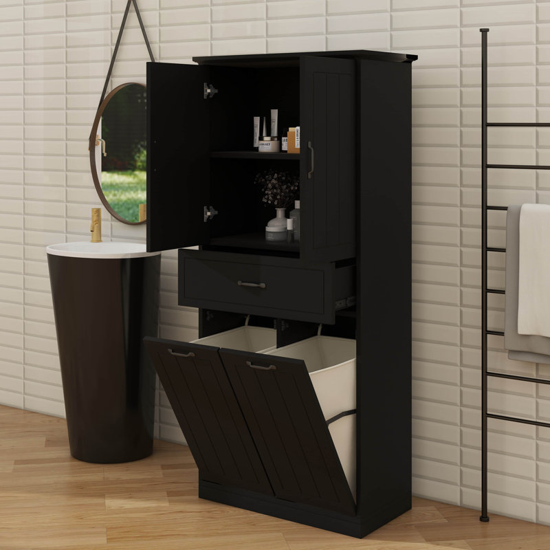 Armoire de rangement pour la maison avec deux paniers à linge, portes et tiroir, Noir