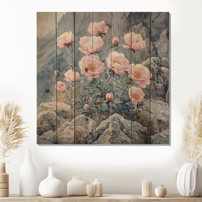 Peonies In The Rocky Pass I - Peonies Wood Wall Decor - On Natural Pine Wood
