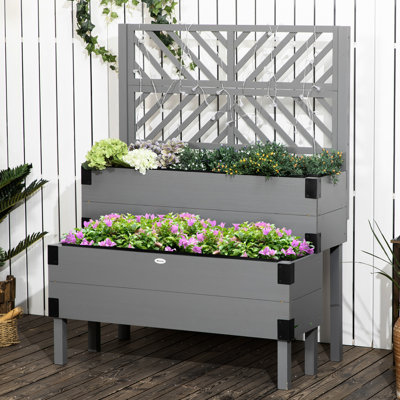 Lit à fleurs surélevé en bois avec treillis, gris à 2 niveaux - pour les légumes, les fleurs, la structure renforcée d'herbes, la boîte surélevée surélevée pour cultiver de beaux légumes de jardin, coins en métal, bon
