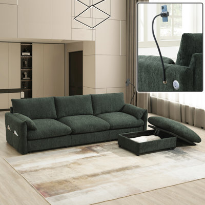 96.50×58.50×32.00 Inch L-Shaped Chenille Sectional Sofa, Usb & Type-C Charging Port + Adjustable Phone Holder, Elephant Ear Armrests With Storage Pockets And Storage Ottoman For Living Room Apartment Green