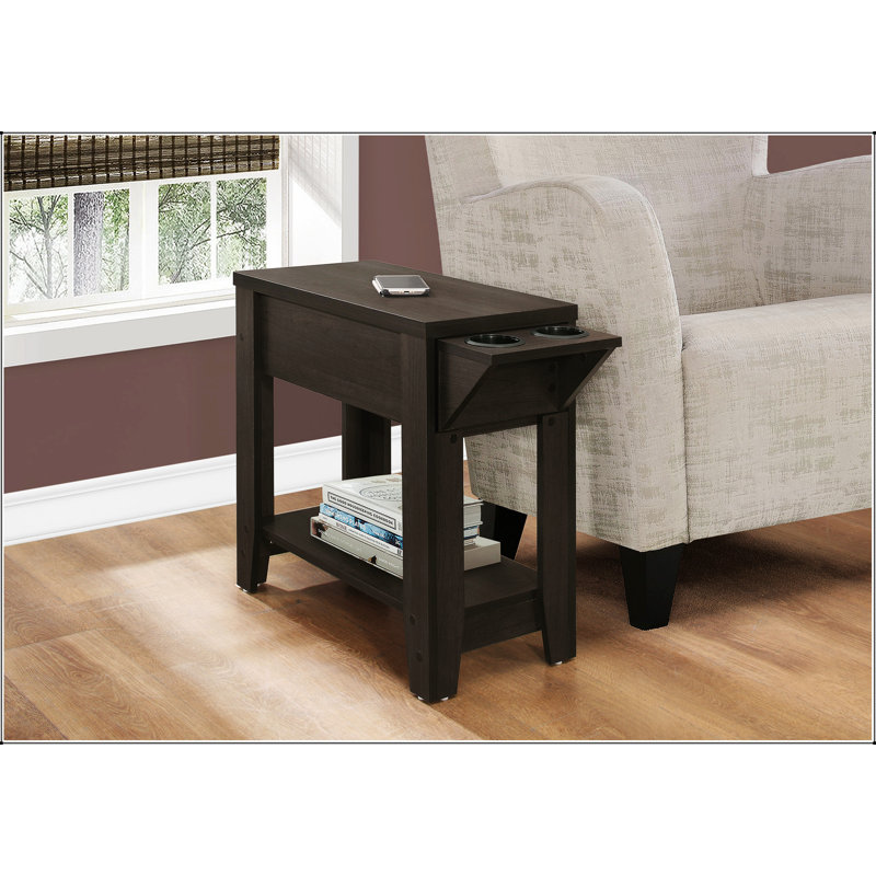 Table d'appoint élégante au fini espresso avec porte-gobelet intégré et rangement dissimulé, parfaite pour le salon et la chambre à coucher