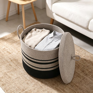 Large Cotton Rope Storage Basket with Lid, Woven Bin for Blankets, Toys, Towels, Pillows, Living Room, Bedroom Organizer, Wicker Basket with Cover