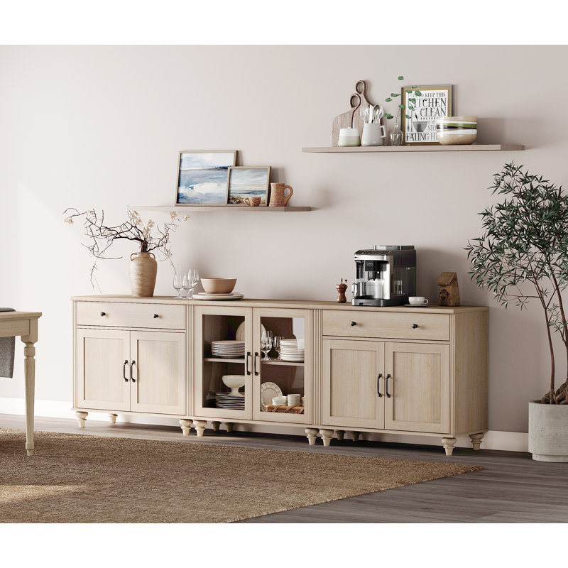 Buffet Corretta avec 2 tiroirs, 2 portes en verre et 4 portes en bois, Beige