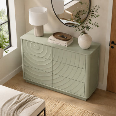 Commode 6 tiroirs Rundelle avec motif de grain en spirale 3D et conception ondulée sans poignée