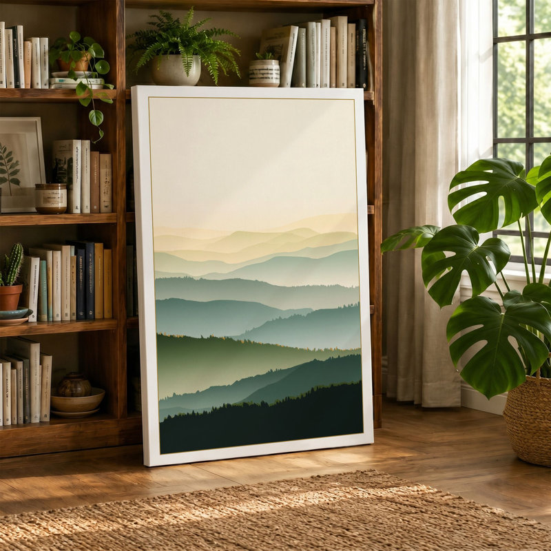 Mountains at Daybreak Scandinavian - Wrapped Canvas, 30x20 - 76.2 x 50.8 cm, Ochre Border