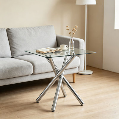 Table de bar moderne en métal galvanisé avec plateau en verre trempé, table de pub robuste à pieds croisés pour bar à la maison, îlot de cuisine, salon