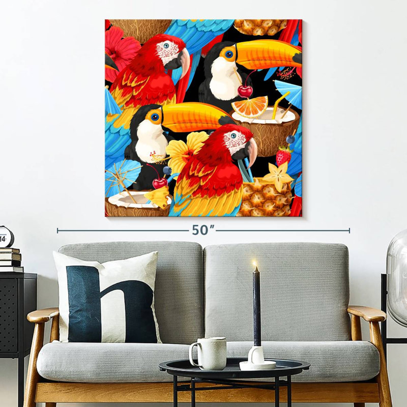 Crowle, cocktails tropicaux et oiseaux, H 33 po x l 33 po